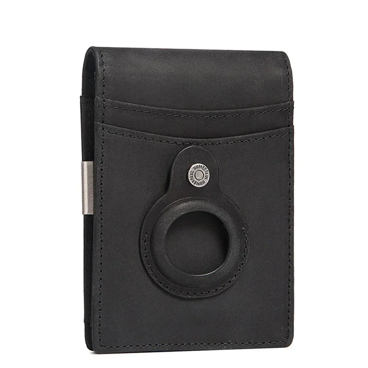 Leather Money Clip Wallet with Tracker Holder - Black