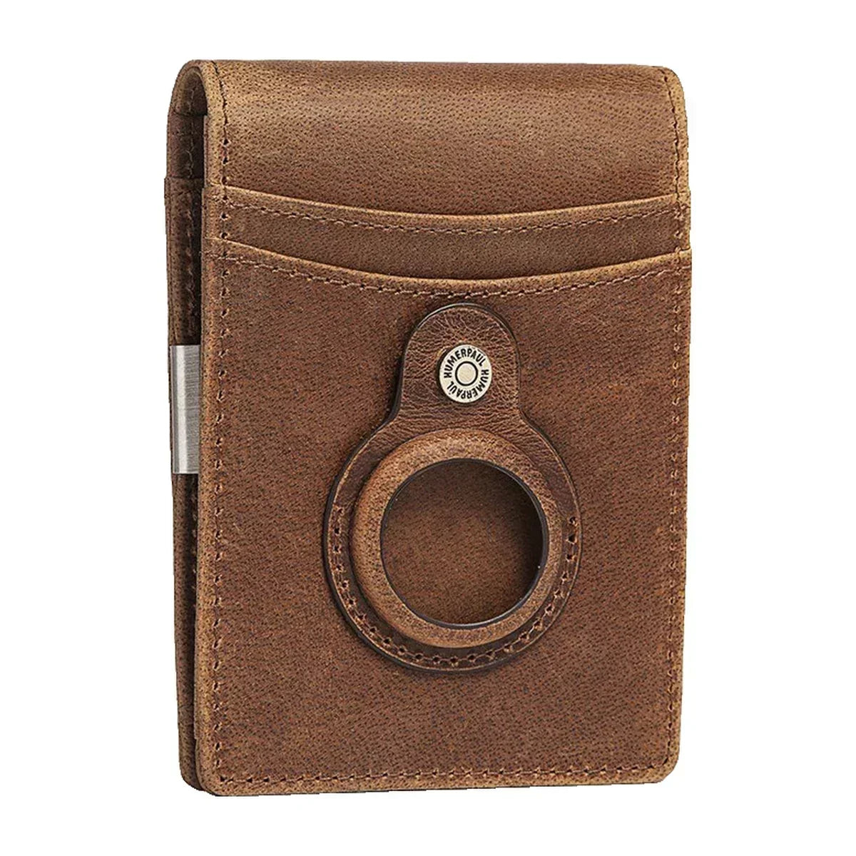 Leather Money Clip Wallet with Tracker Holder - Brown