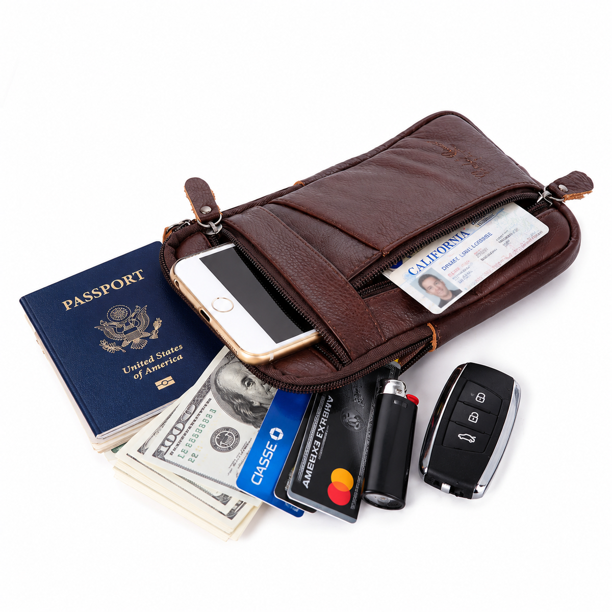 Leather Phone Pouch - Zip Front Crossbody Waist Bag