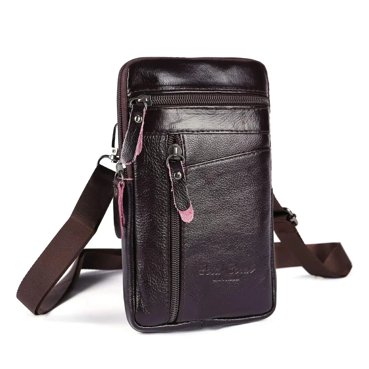 Leather Phone Pouch - Zip Front Crossbody Waist Bag - Black