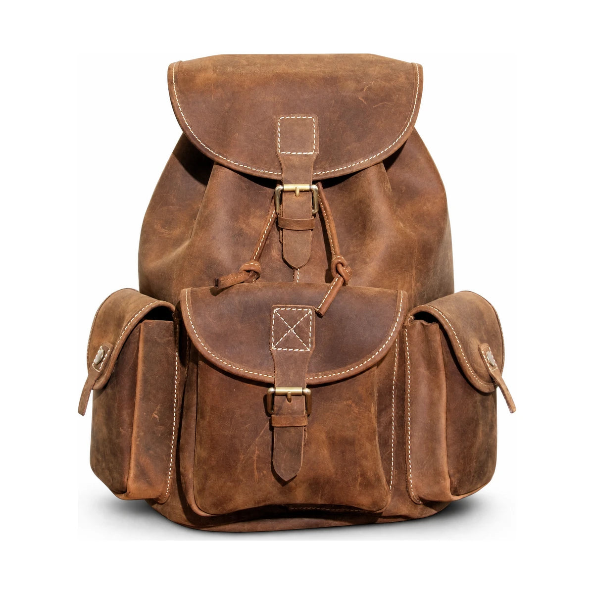 Men’s Genuine Leather Rucksack with Drawstring Top - Brown
