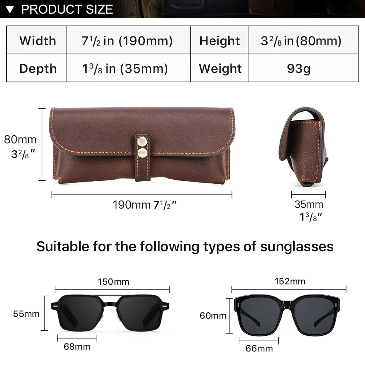 Leather Sunglasses Case - Soft Microfiber-Lined Snap Glasses Holder - Coffee