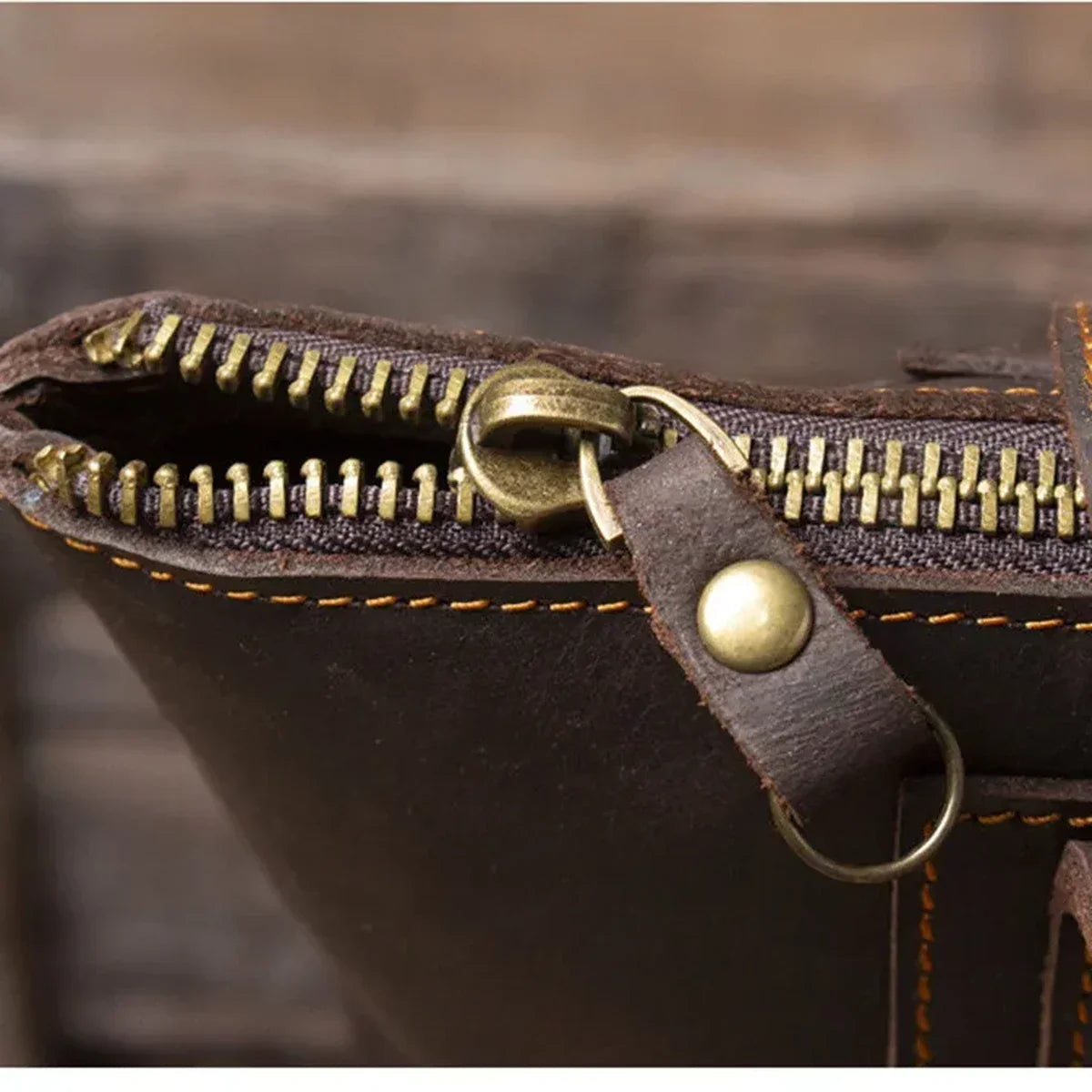 Men’s Leather Work Tote Bag with Front Zip Pocket - Dark Coffee