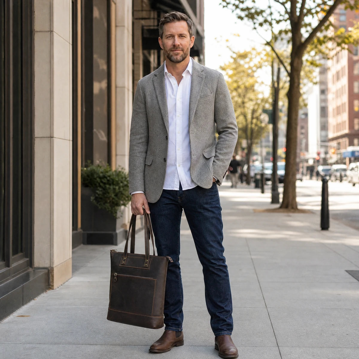 Men’s Leather Work Tote Bag with Front Zip Pocket - Dark Coffee