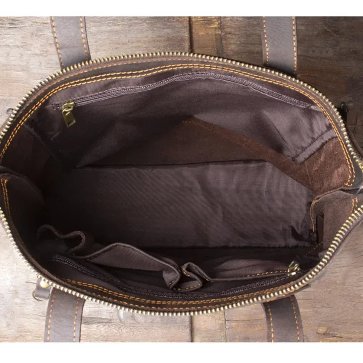Men’s Leather Work Tote Bag with Front Zip Pocket - Dark Coffee