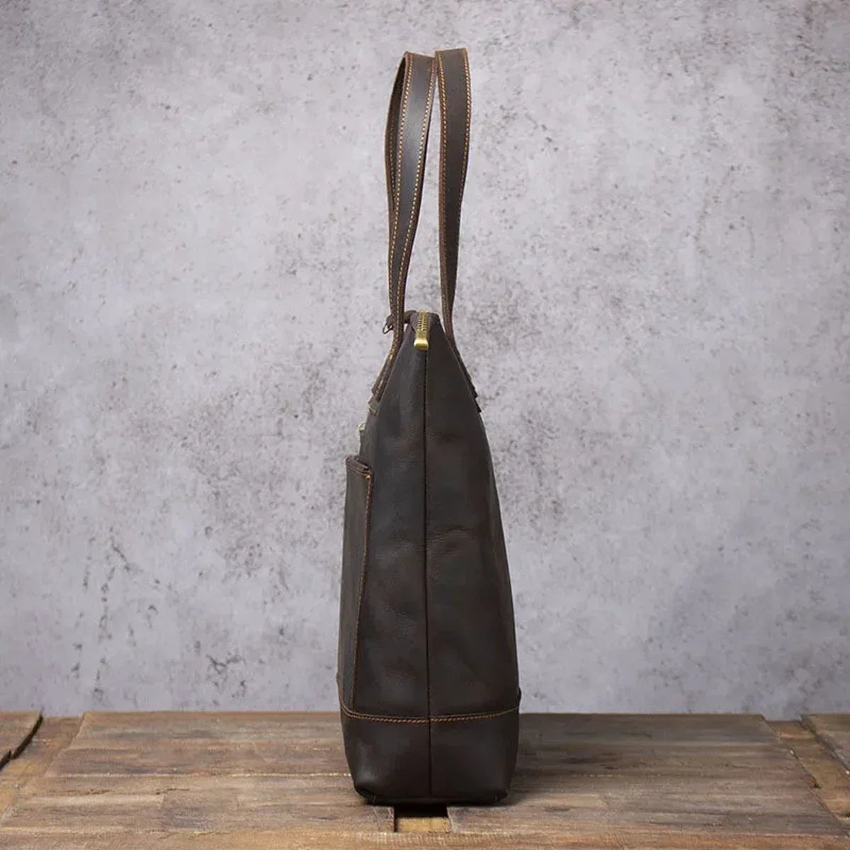 Men’s Leather Work Tote Bag with Front Zip Pocket - Dark Coffee