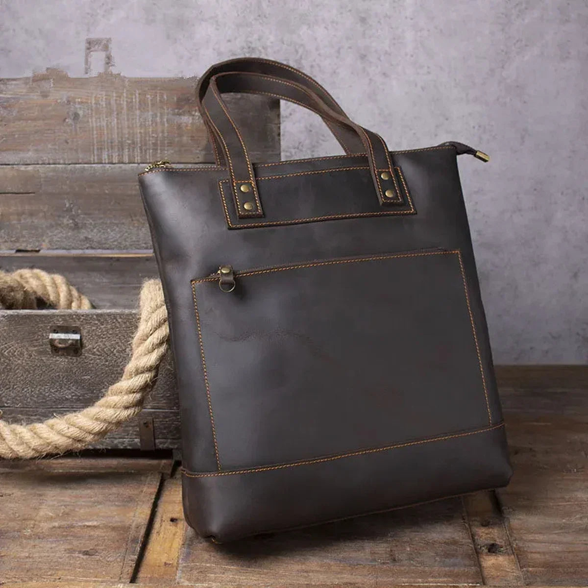 Men’s Leather Work Tote Bag with Front Zip Pocket - Dark Coffee