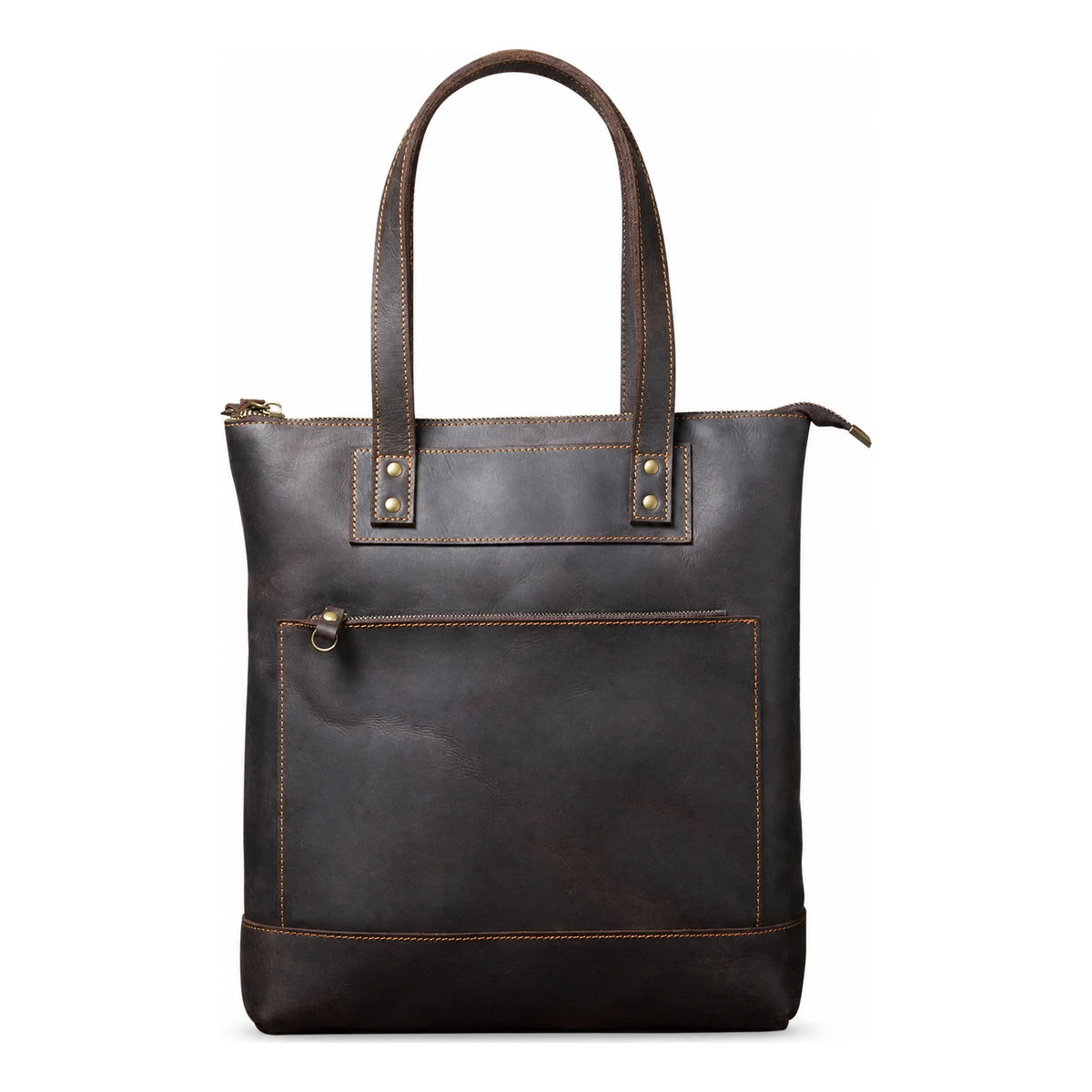 Men’s Leather Work Tote Bag with Front Zip Pocket - Dark Coffee