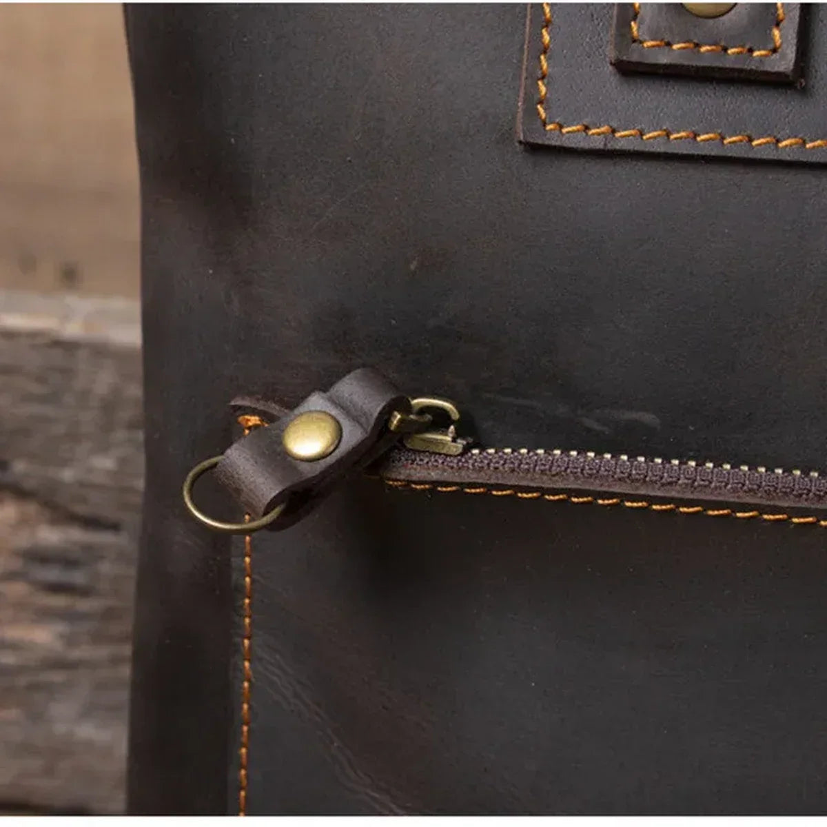 Men’s Leather Work Tote Bag with Front Zip Pocket - Dark Coffee