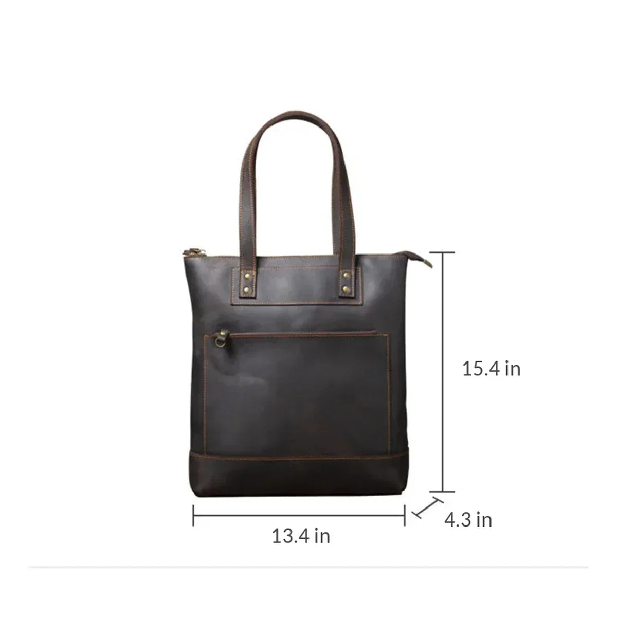 Men’s Leather Work Tote Bag with Front Zip Pocket - Dark Coffee