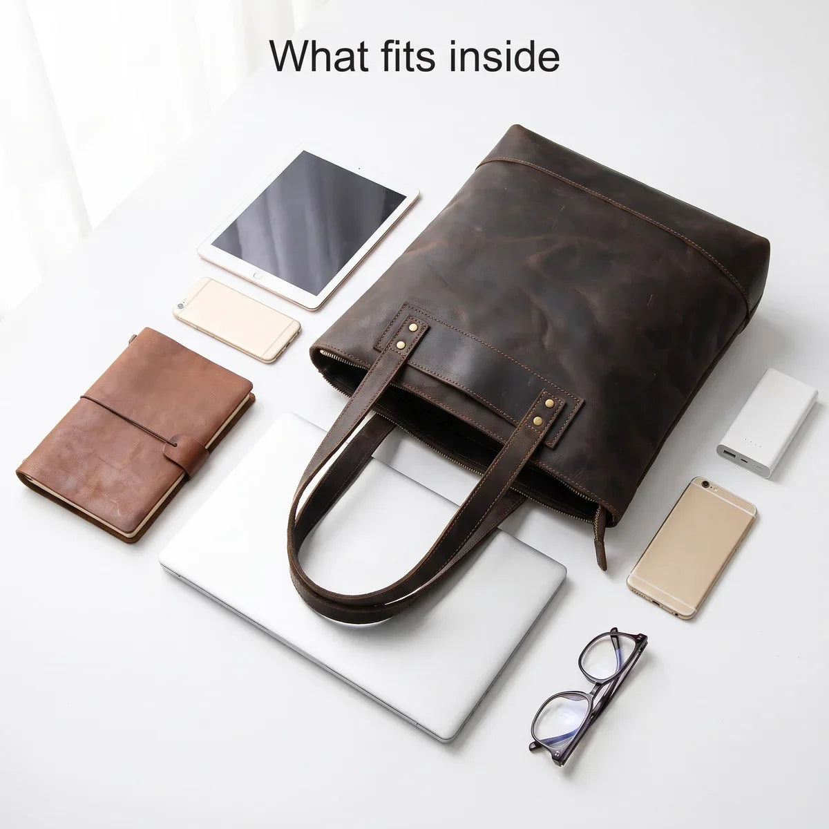 Men’s Leather Work Tote Bag with Front Zip Pocket - Dark Coffee