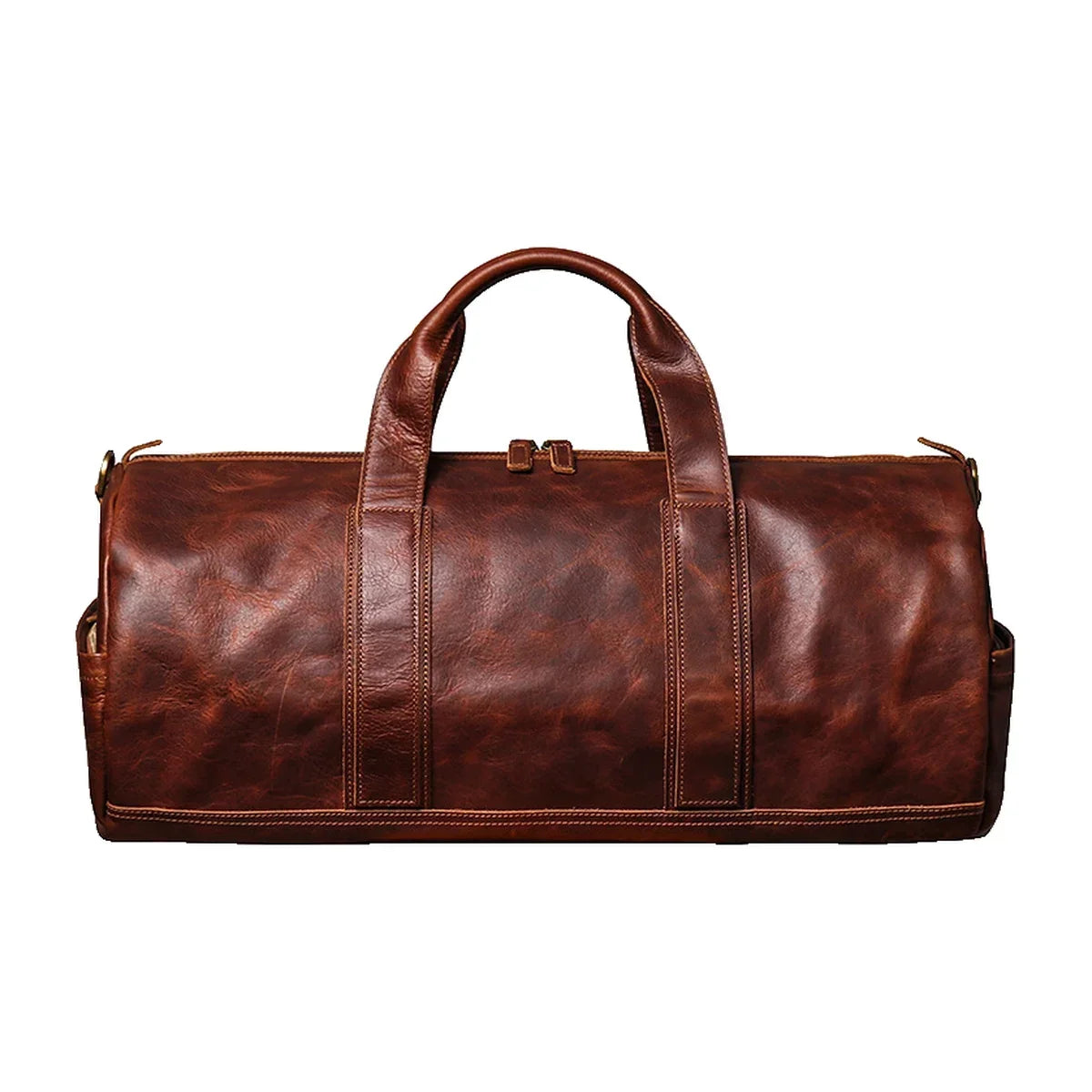 Genuine Leather Weekender Duffle Bag - Reddish Brown