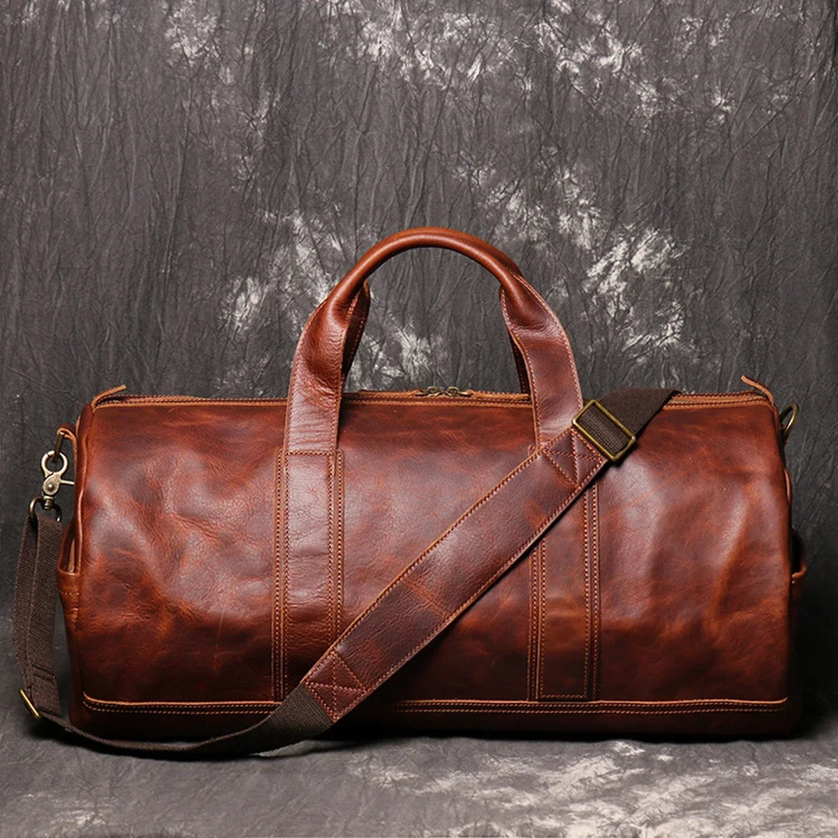 Genuine Leather Weekender Duffle Bag - Reddish Brown