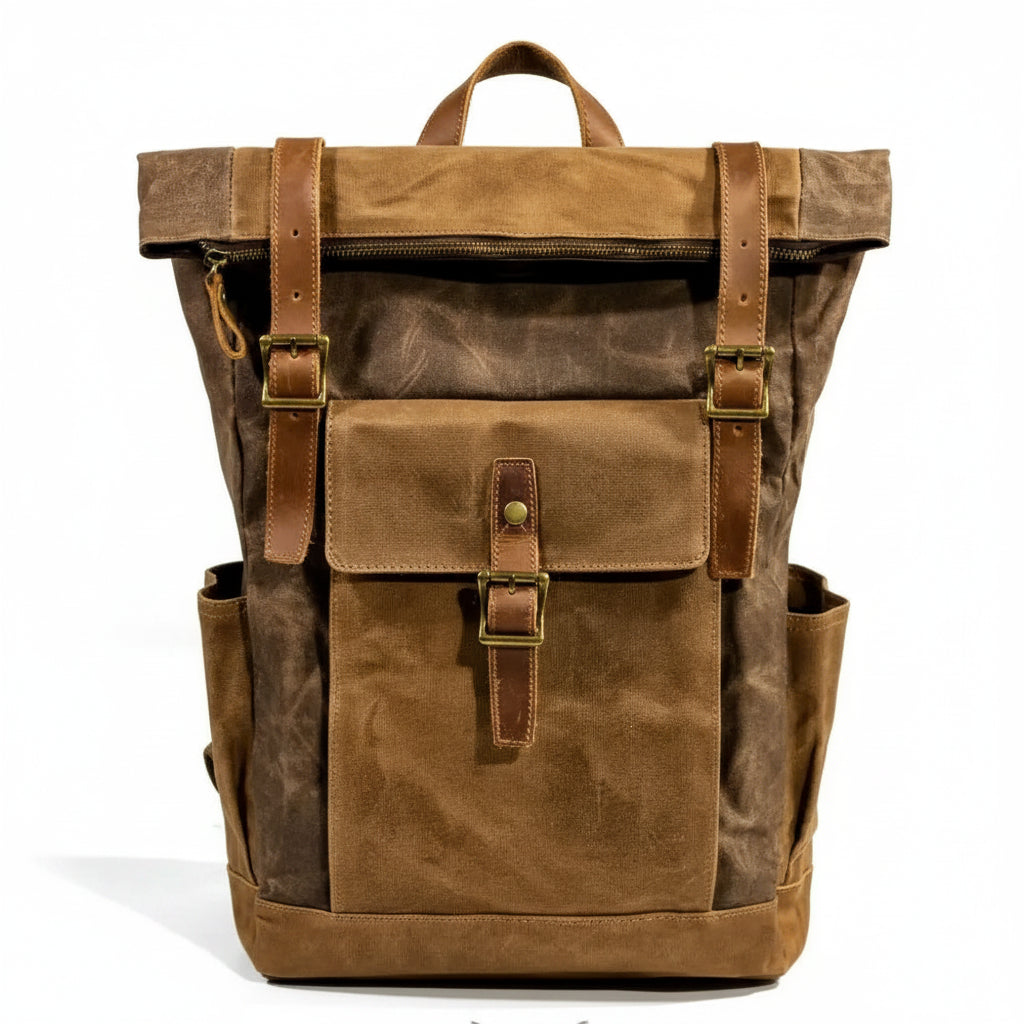 Men’s Waxed Canvas Backpack - Laptop Compartment Rucksack - Coffee