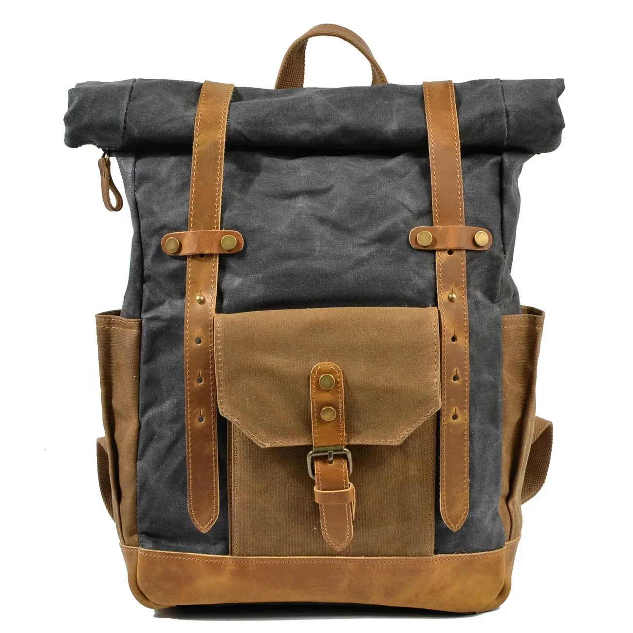 Men’s Waxed Canvas Backpack - Buckle Flap Leather Trim - Dark gray