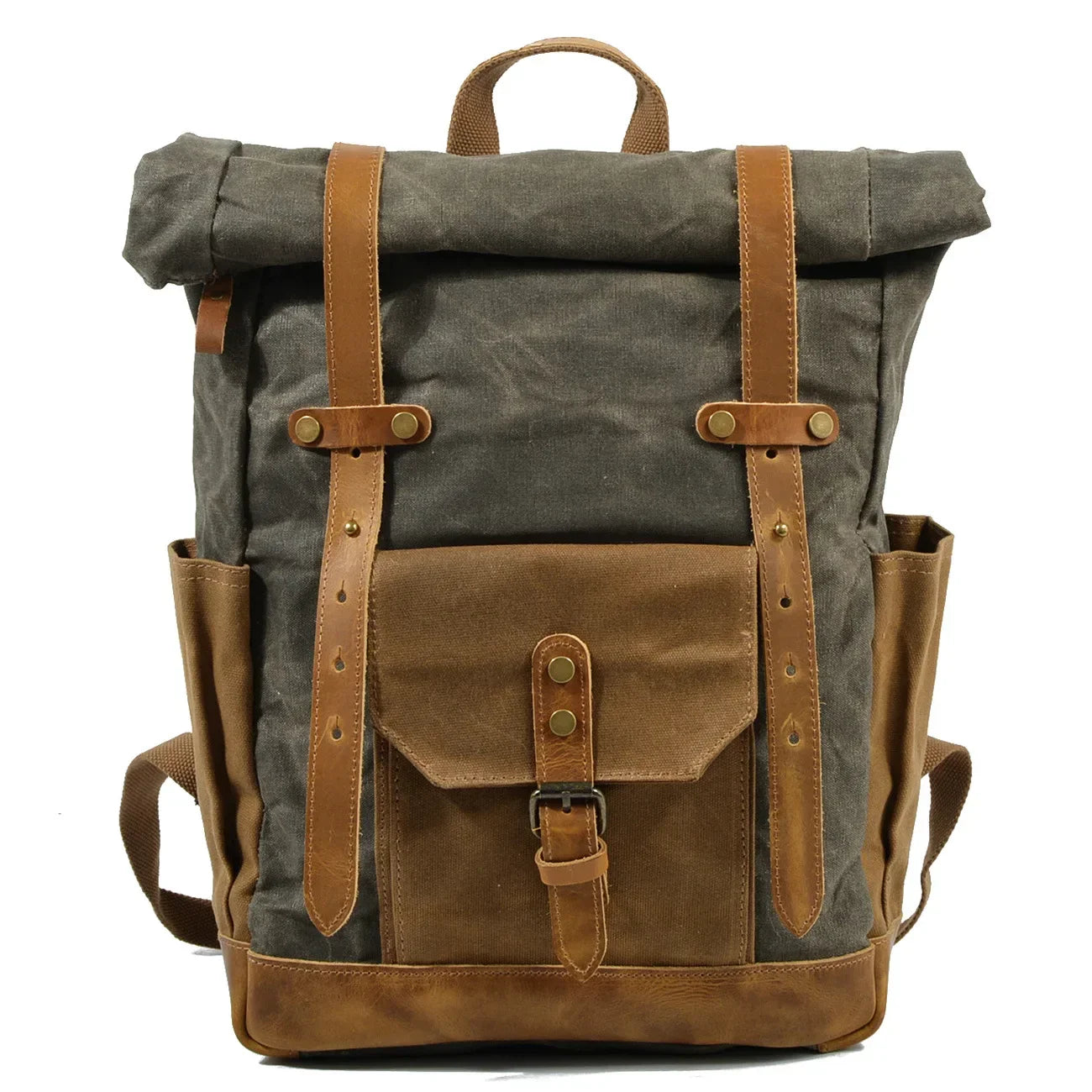 Men’s Waxed Canvas Backpack - Buckle Flap Leather Trim - Olive