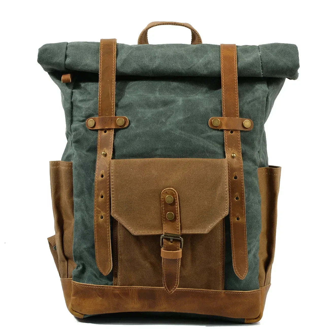 Men’s Waxed Canvas Backpack - Buckle Flap Leather Trim - Green