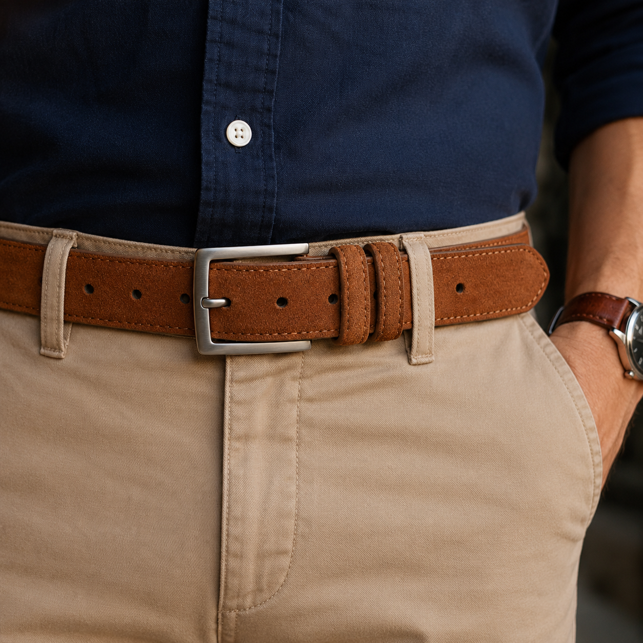 Close-up of a person wearing a brown belt and beige pants with a blurred background