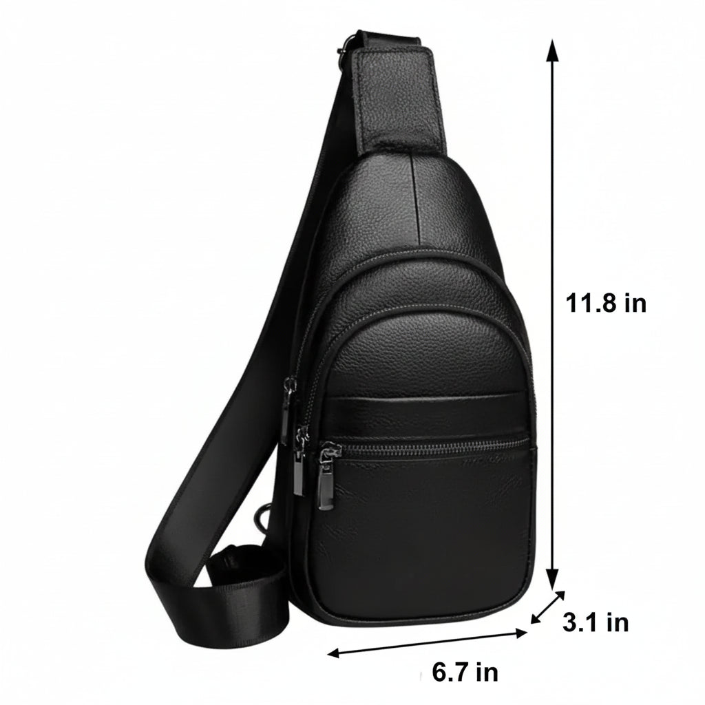 Men’s Black Grained Leather Sling Bag – Minimalist Secure Design