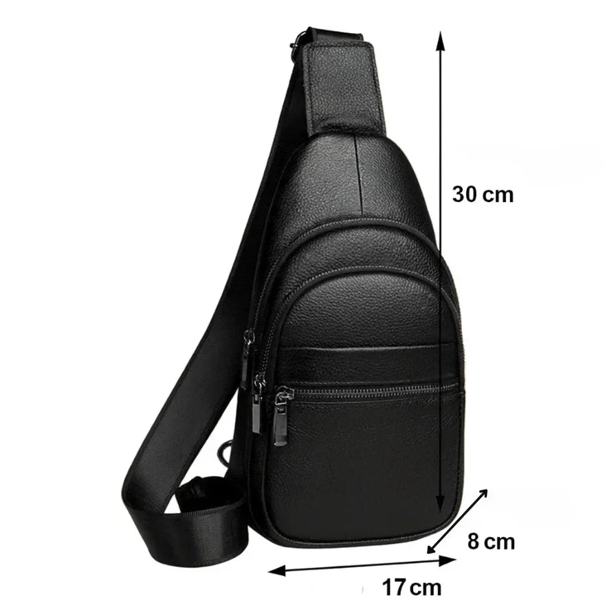 Men’s Black Grained Leather Sling Bag – Minimalist Secure Design
