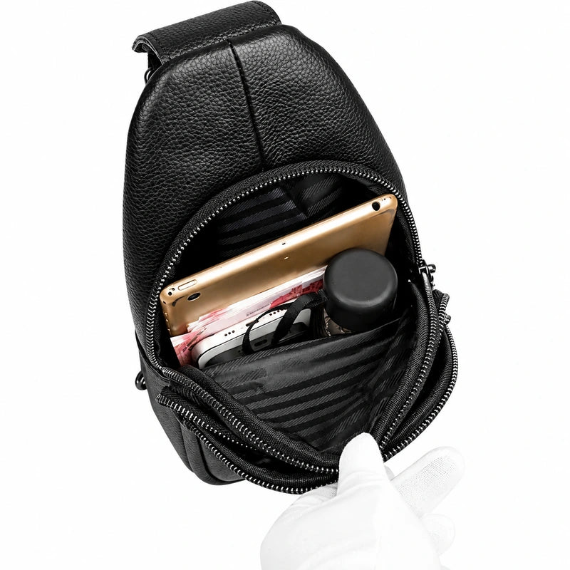 Men’s Black Grained Leather Sling Bag – Minimalist Secure Design