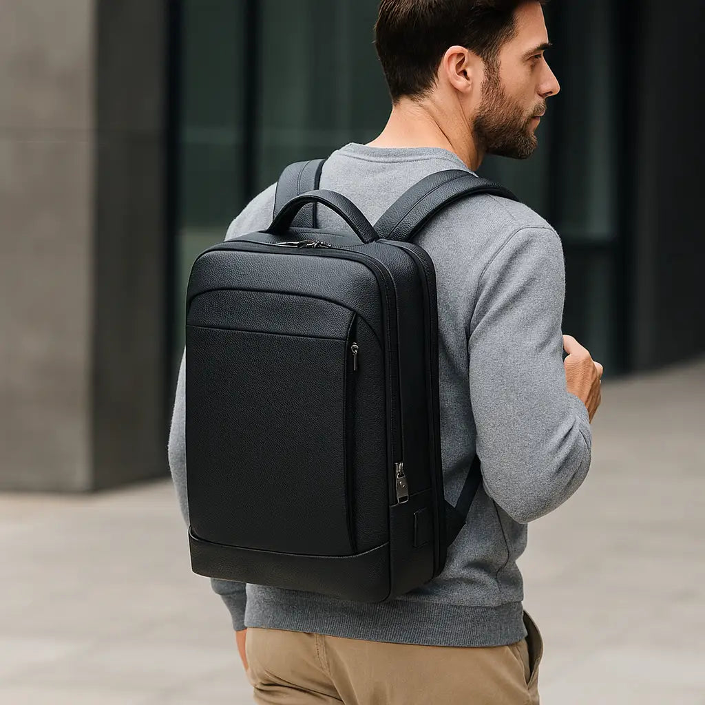 Men’s Black Leather Laptop Backpack – Professional Work Bag 15.6’’