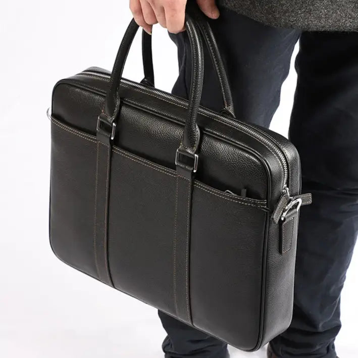 Men’s Black Leather Laptop Briefcase – 14 Inch Slim Business Bag