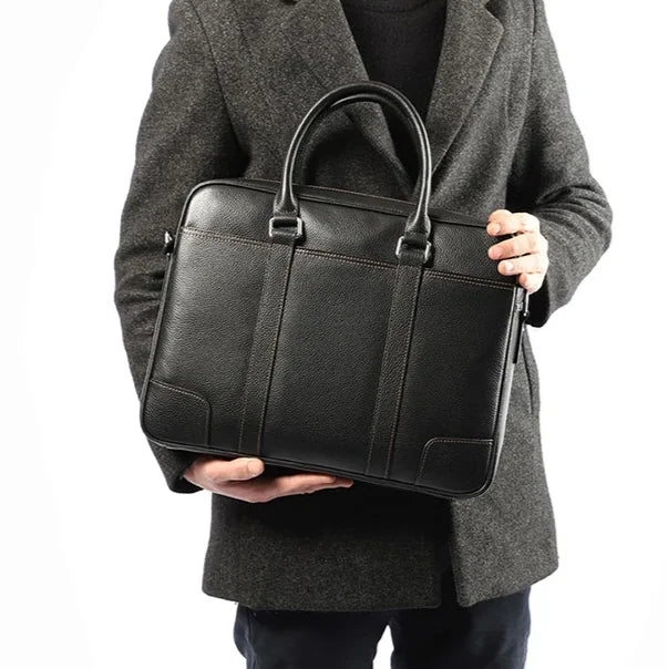 Men’s Black Leather Laptop Briefcase – 14 Inch Slim Business Bag