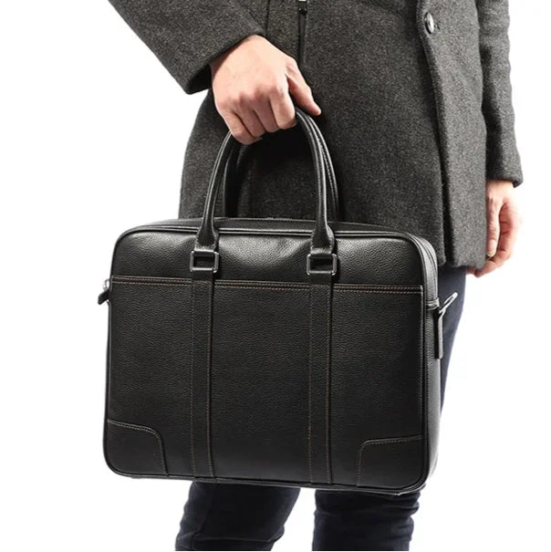Men’s Black Leather Laptop Briefcase – 14 Inch Slim Business Bag