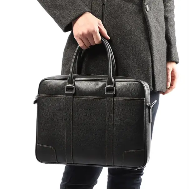 Men’s Black Leather Laptop Briefcase – 14 Inch Slim Business Bag
