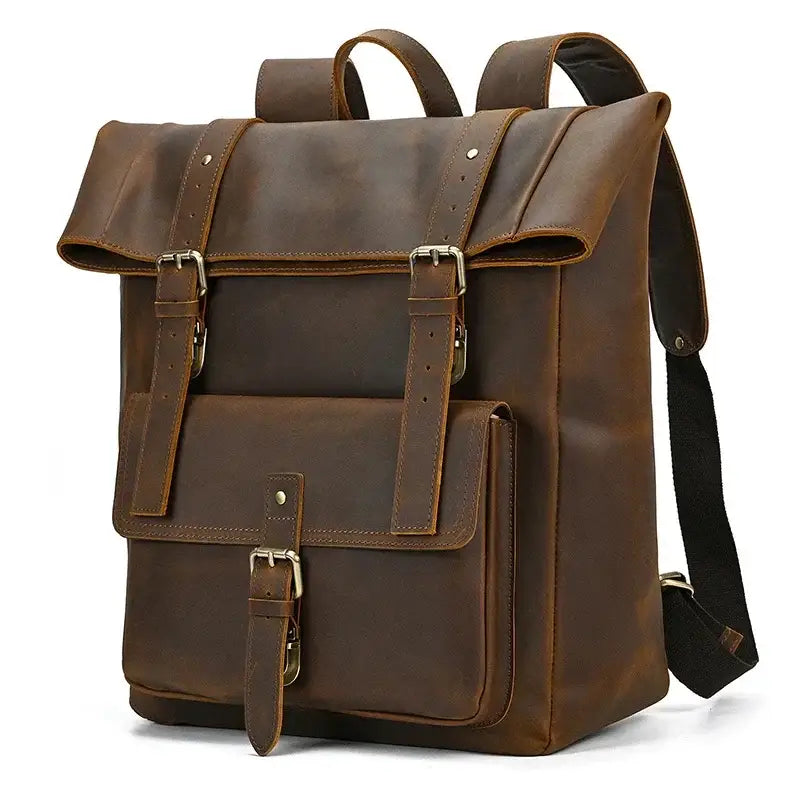 Men’s Brown Full Grain Leather Backpack – Flap Closure