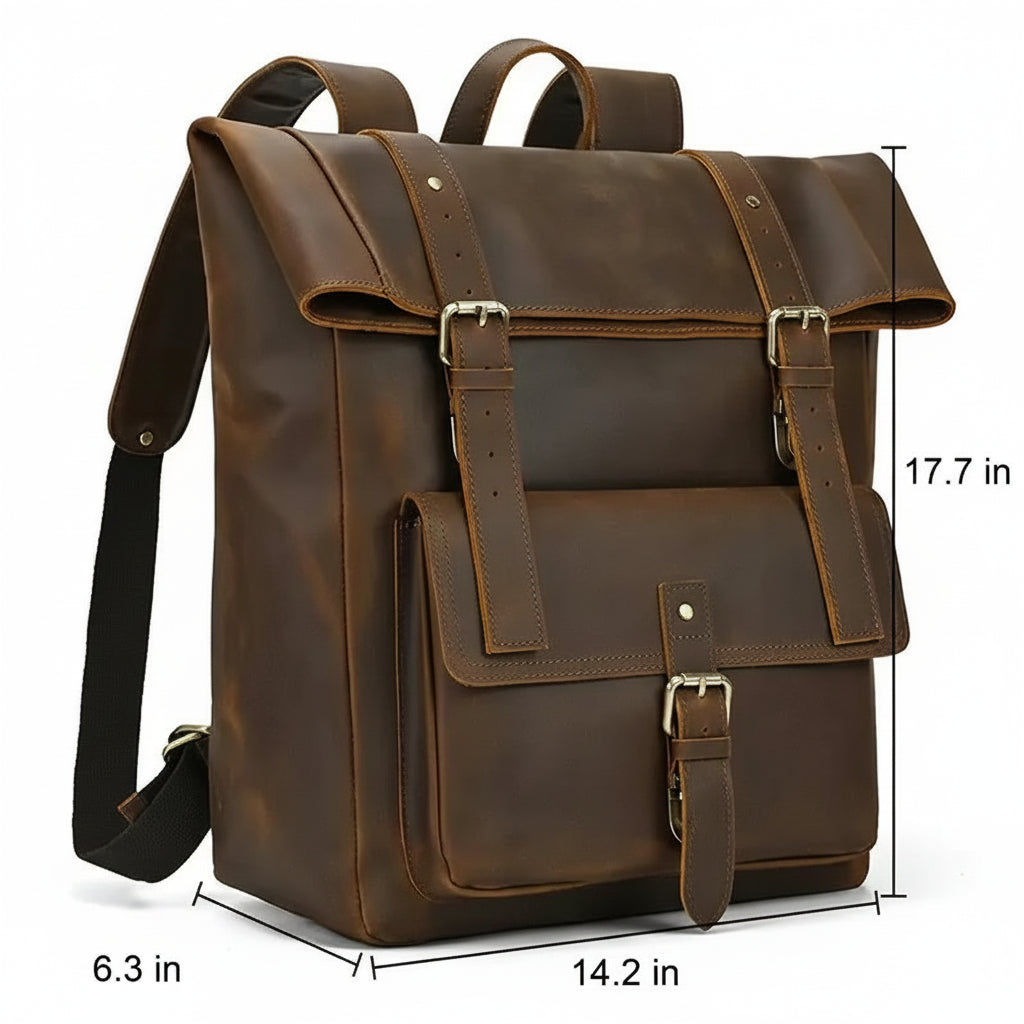 Men’s Brown Full Grain Leather Backpack – Flap Closure