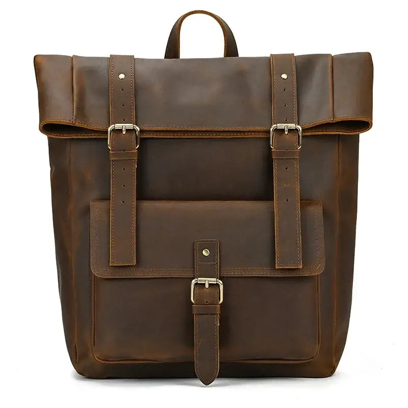 Men’s Brown Full Grain Leather Backpack – Flap Closure