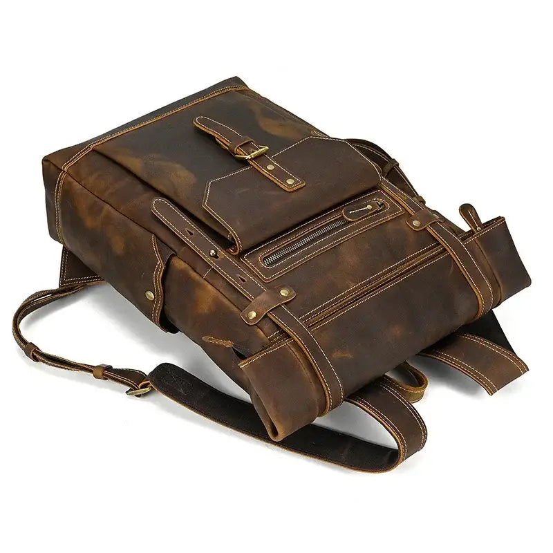 Men’s Brown Leather Backpack – Roll Top Flap Work Pack