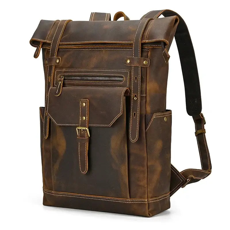 Men’s Brown Leather Backpack – Roll Top Flap Work Pack