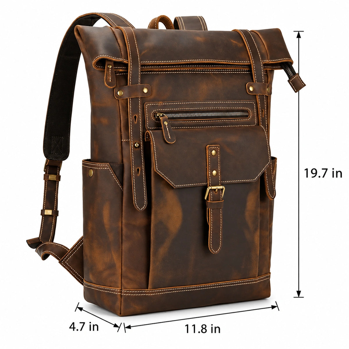 Men’s Brown Leather Backpack – Roll Top Flap Work Pack