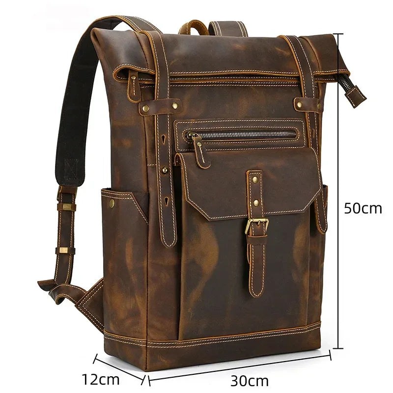 Men’s Brown Leather Backpack – Roll Top Flap Work Pack