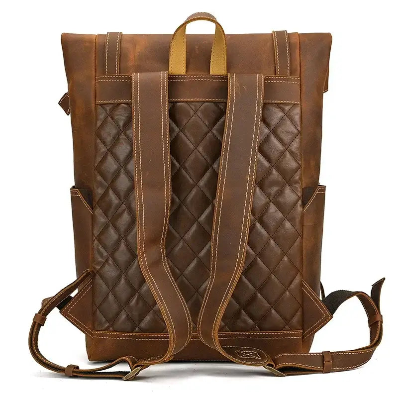 Men’s Brown Leather Backpack – Roll Top Flap Work Pack