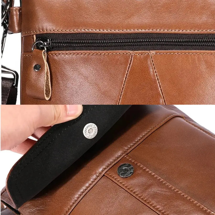 Men’s Brown Leather Crossbody Bag – Multi-Compartment Shoulder Bag