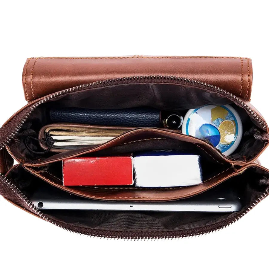 Men’s Brown Leather Crossbody Bag – Multi-Compartment Shoulder Bag