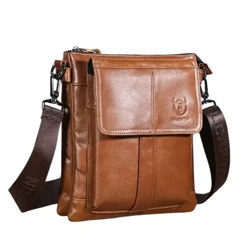 Men’s Brown Leather Crossbody Bag – Multi-Compartment Shoulder Bag