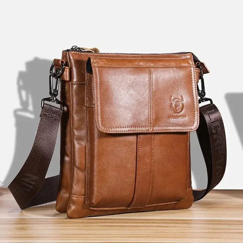Men’s Brown Leather Crossbody Bag – Multi-Compartment Shoulder Bag