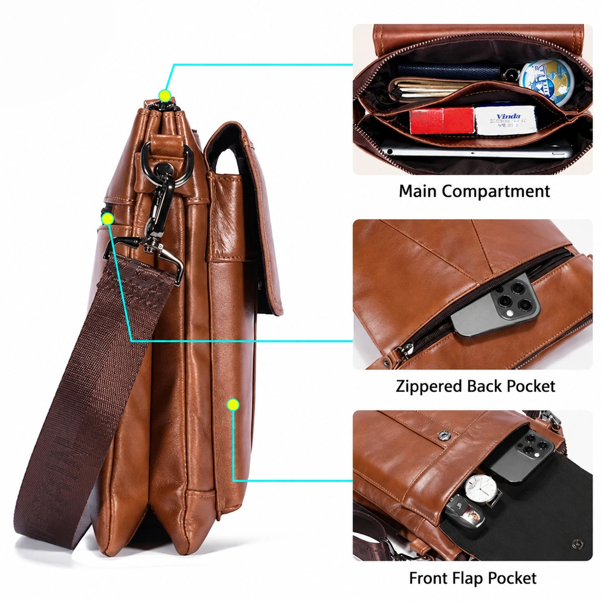 Men’s Brown Leather Crossbody Bag – Multi-Compartment Shoulder Bag