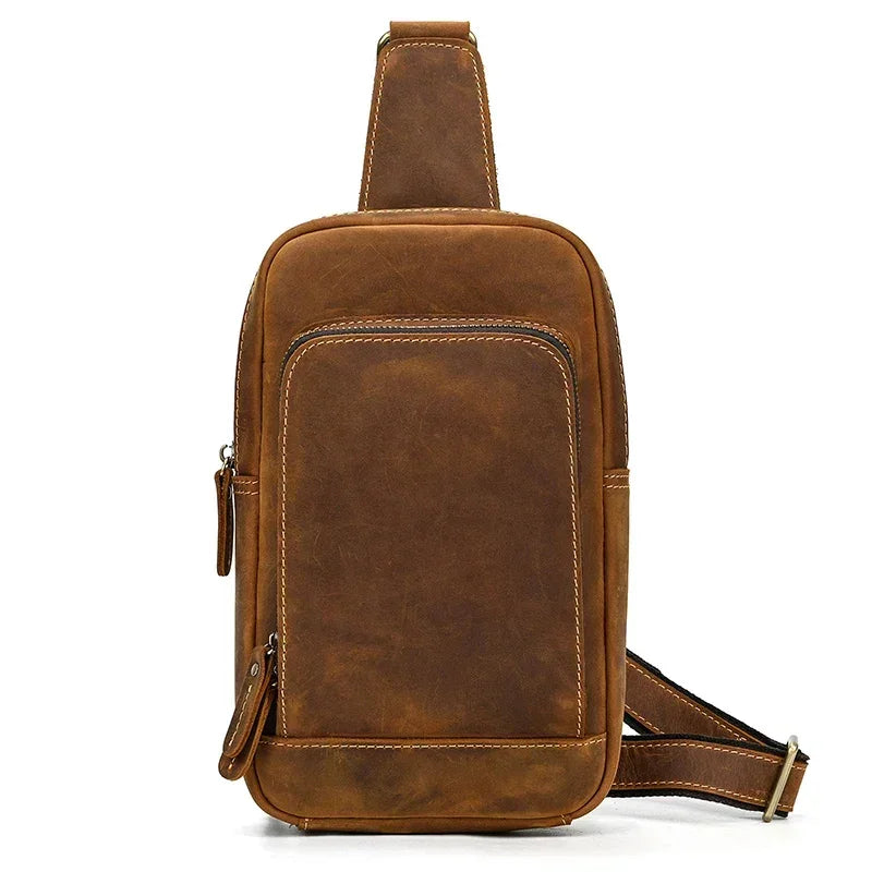 Men’s Brown Leather Sling Bag – Small Vintage Carry - Brown