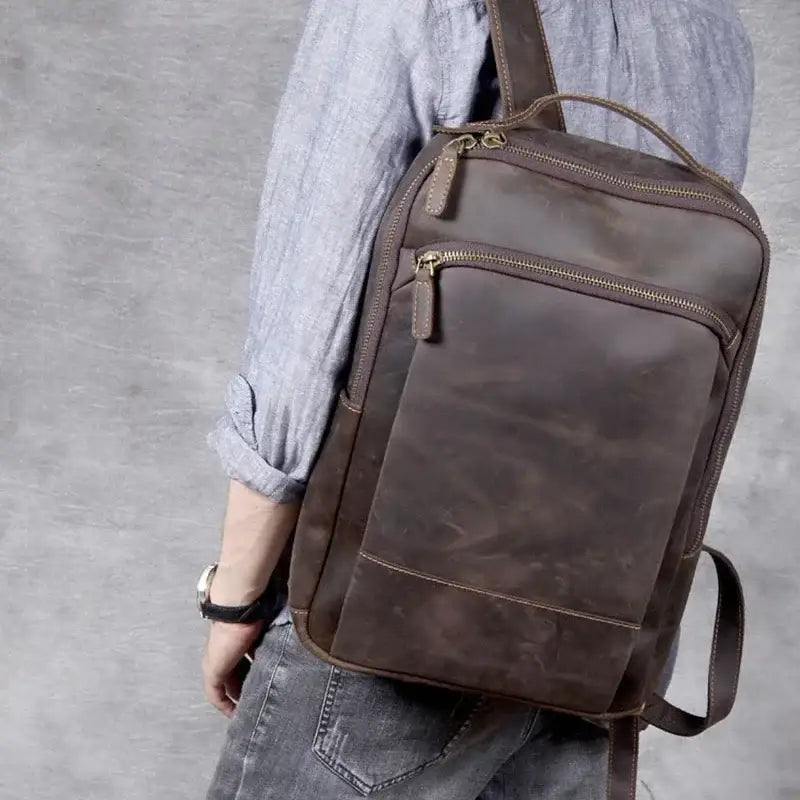 Men’s Brown Vintage Leather Backpack – Slim Everyday Carry