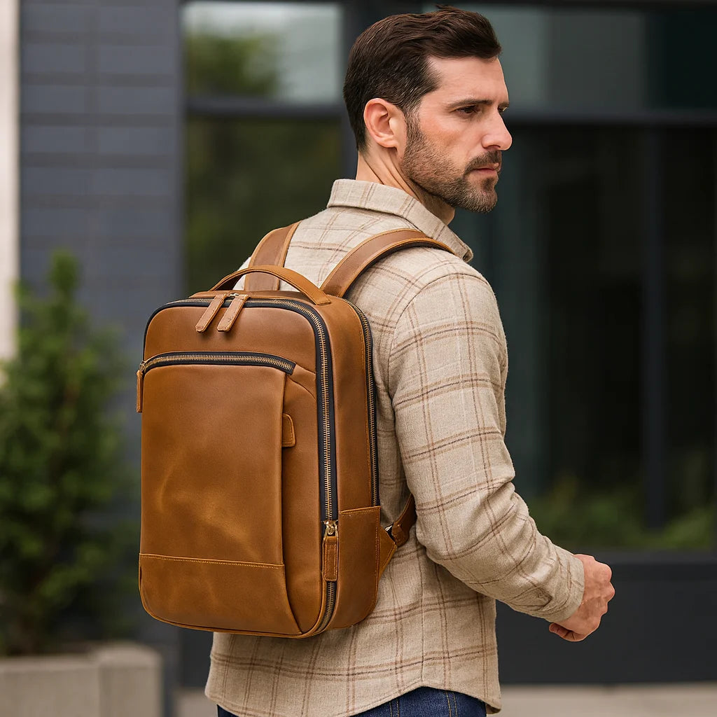 Men’s Brown Vintage Leather Backpack – Slim Everyday Carry