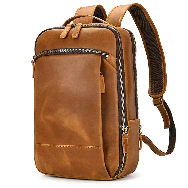 Men’s Brown Vintage Leather Backpack – Slim Everyday Carry - Brown