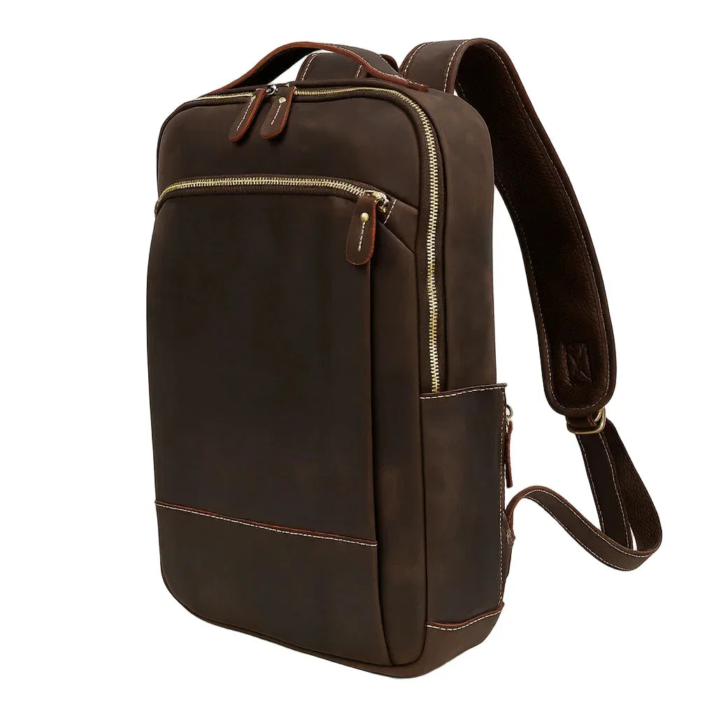 Men’s Brown Vintage Leather Backpack – Slim Everyday Carry - Dark brown