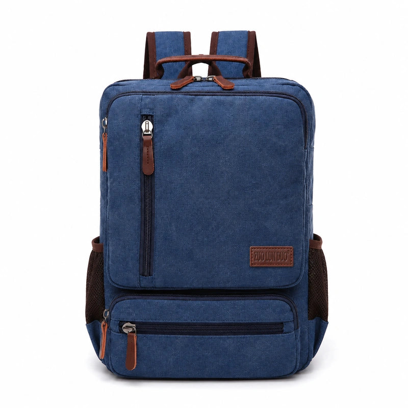 Men’s Canvas Backpack - Front Organizer Pocket Rucksack - Blue