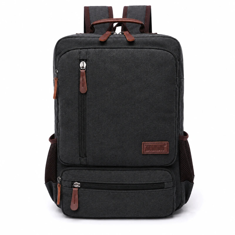 Men’s Canvas Backpack - Front Organizer Pocket Rucksack - Black